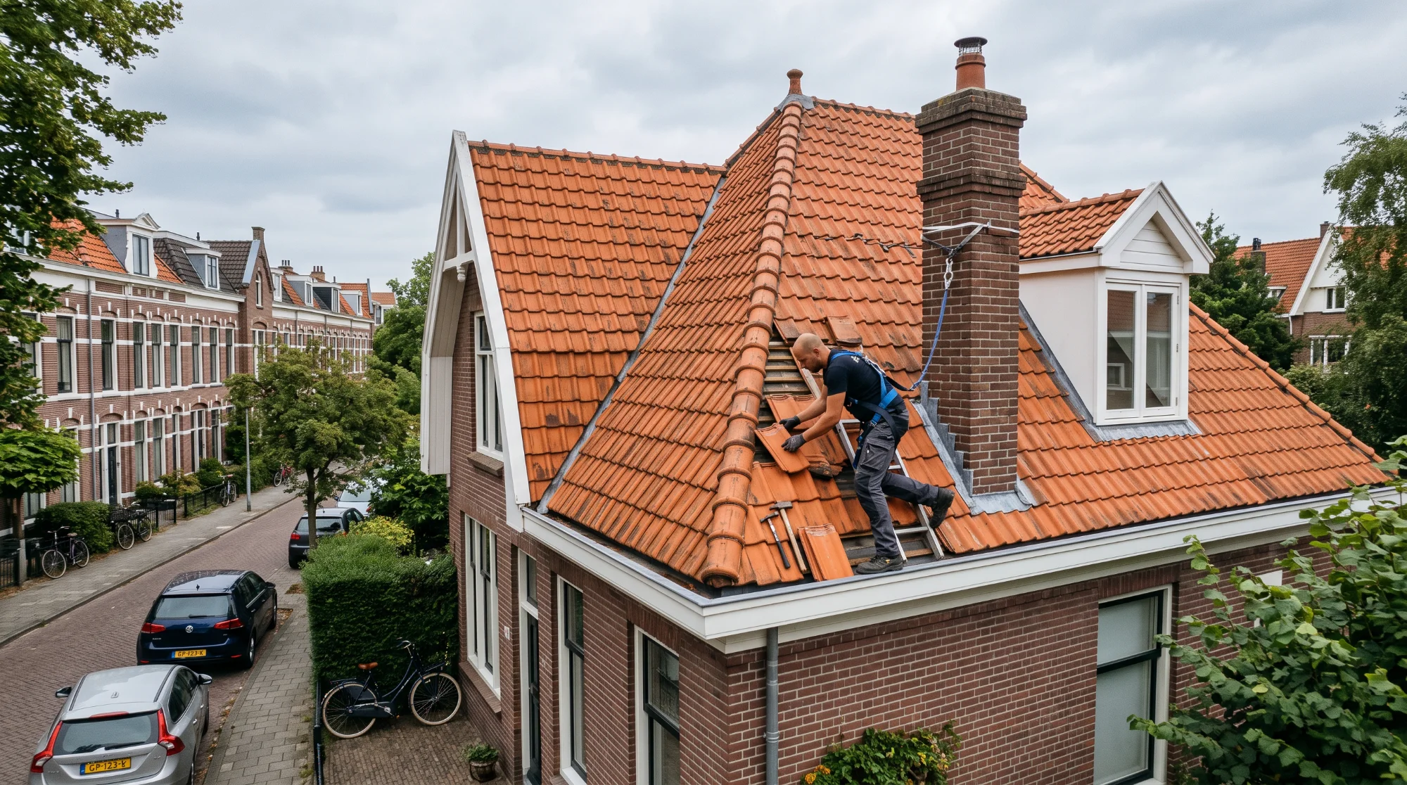 Dakdekker vervangt dakpannen op hellend dak van een villa in Haarlem